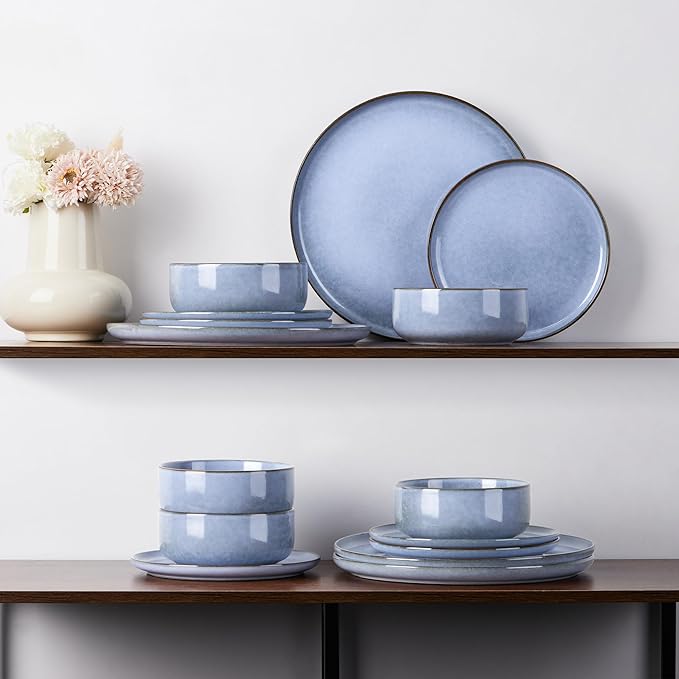 E-far Dinnerware Sets for 6, 18-Piece Plates and Bowls Set, Reactive Glaze Dishes, Stoneware Dinning Ware Set, Microwave & Dishwasher Safe - Ocean Blue