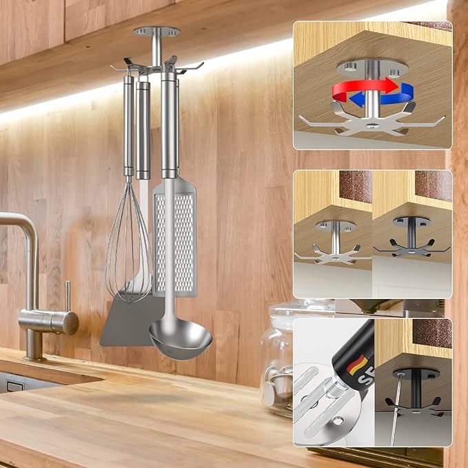 2pcs Under Cabinet Hooks Rotating Kitchen Utensil Holder 304 Stainless Steel Adhesive Utensil Hanging Rack for Kitchen Utensils/Tools/Towel/Knife(2, Brushed Nickel)…