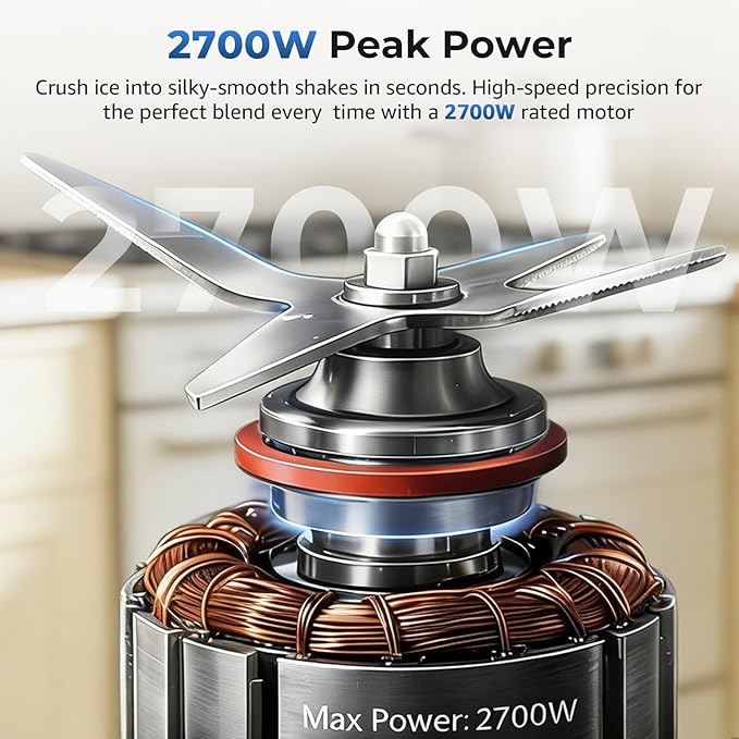 Home Blender, 2700W High-Speed Blender for Ice Crushing Power, Stainless Steel Blades, Kitchen Timer, 10 Speeds, 6 Programs for Smoothies, Frozen Drinks, Self-Cleaning, 64oz Bulk Production