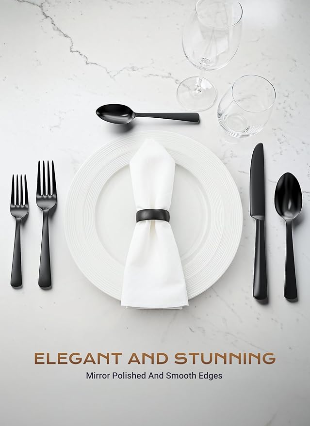 Black Silverware Set, 20-Piece Flatware Set Service for 4, Durable Stainless Steel, Mirror Polished Tableware Eating Cutlery Set, Kitchen Utensils Set with Steak Knives, Dishwasher Safe