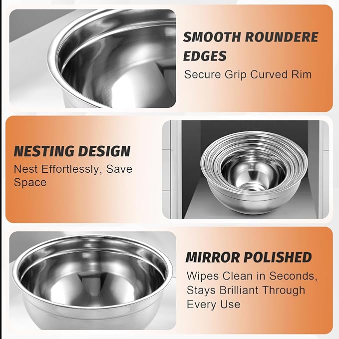 BEWOS Mixing Bowls with Lids Set - 5 Pcs Stainless Steel Mixing Bowls With 3 Grater Attachments, Size 4.5, 4, 3.5, 2.1, 1.5QT Metal Bowls for Baking and Serving (Colored)