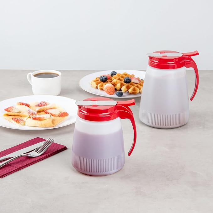 Restaurantware-Chef 101 32 Ounce All Purpose Syrup Dispenser, 1 Honey Dispenser - Red Top, Stainless Steel Slide Cover, Plastic Pancake Syrup Bottle, Perfect For Diners, Restaurants, Home