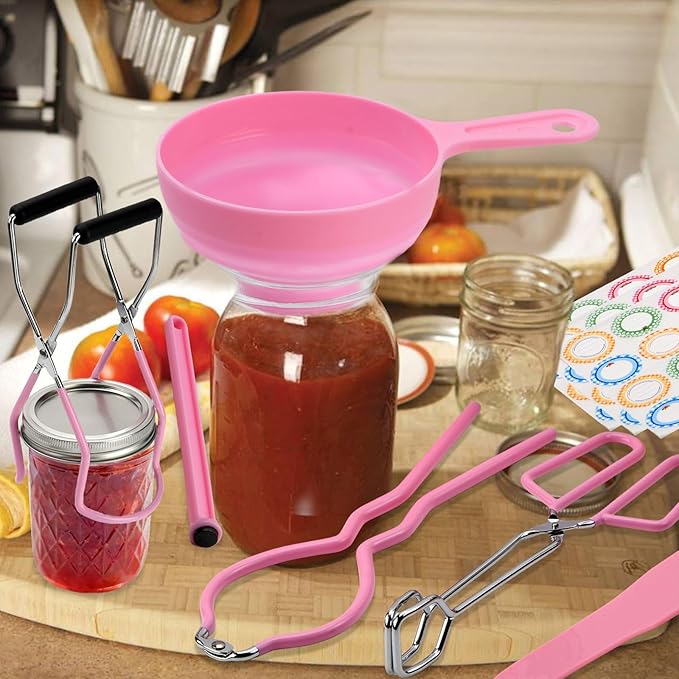 Home Canning Supplies Starter Kit, Food Grade Stainless Steel Canning Tools with Jar Lifter Tongs, Funnel, Labels, Magnetic Lid Lifter, Essential Canning Accessories Equipment Set for Beginners, Pink
