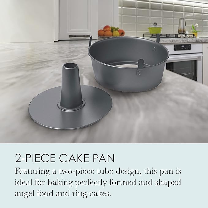 Chicago Metallic Angel Food Cake Pan with Cooling Feet, 2-Piece Nonstick Tube Pan, 9.5 Inch Carbon Steel, Perfect for Pound and Sponge Cakes