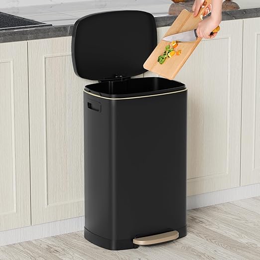 KdbK 13 Gallon Trash Can with Lid, 50L Fingerprint Proof Stainless Steel Kitchen Trash Can with Removable Inner Bucket and Lid Soft Close, Pedal Rubbish Bin for Home Office, Black