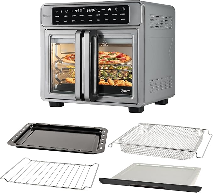 Kitchen Elite 26 Quart French Door Air Fryer Oven – Family Size Countertop Convection Cooker with LED Display, Stainless Steel