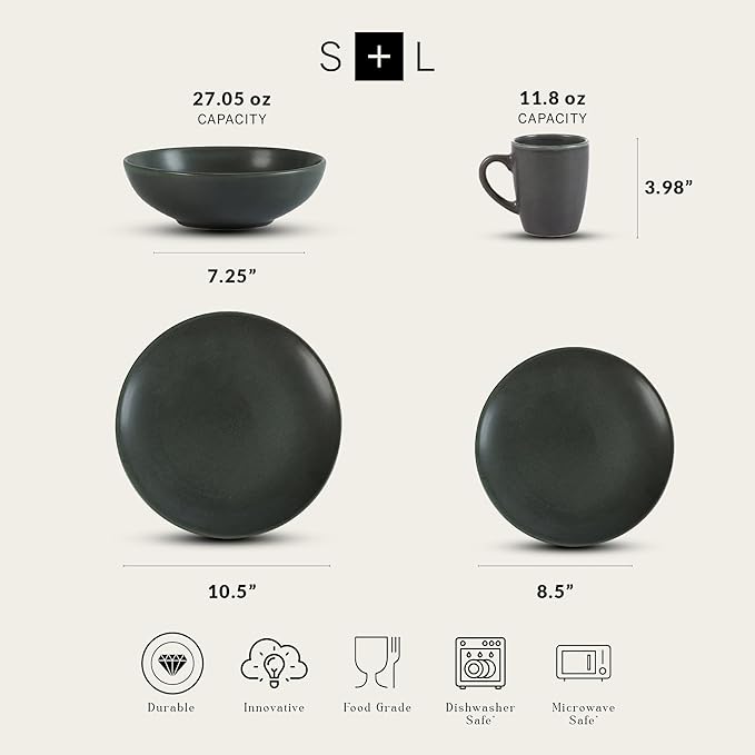 Stone Lain Grao Stoneware 16-Piece Dinnerware Set, Green