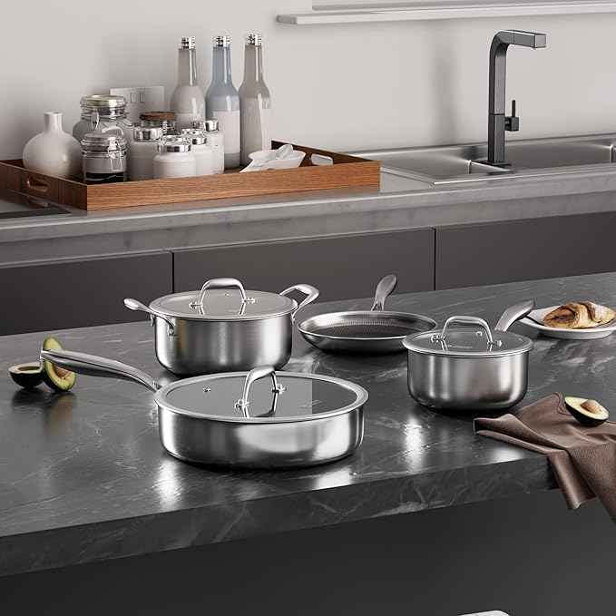 COOKER KING 7 PCS Stainless Steel Cookware Set, Pots and Pans Set Non Stick, Hybrid Cookware,Non-Stick Frying Pan, Saucepan, Saute Pan & Stockpot, Non-Toxic, Oven Safe, Induction Compatible