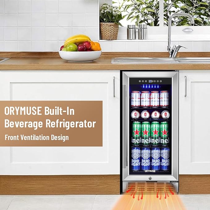 ORYMUSE 15 Inch Beverage Refrigerator, 130 Can Capacity Under Counter Fridge with Lock & Glass Door, Quiet Built-in or Freestanding Beer Cooler, Powerful Compressor for Fast Cooling