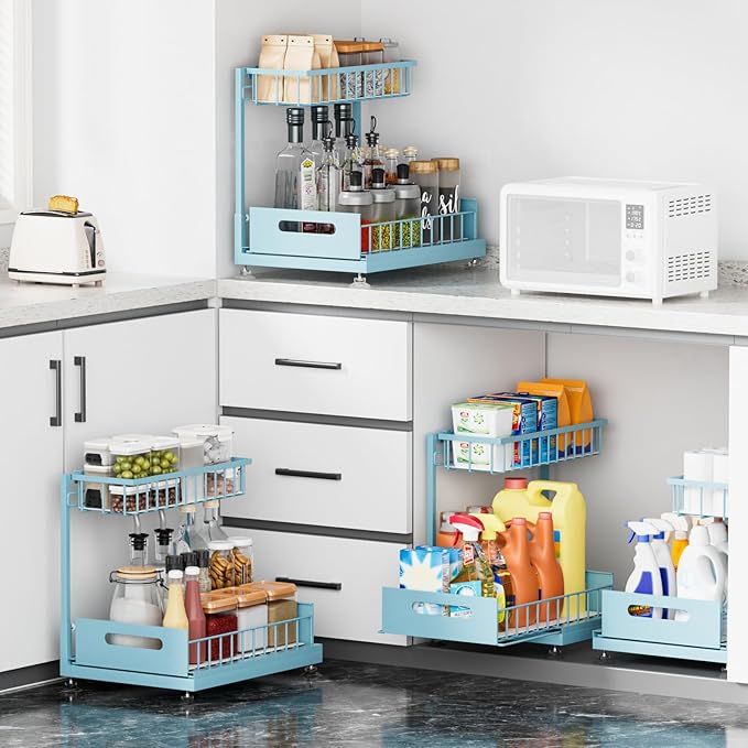 Saydear Under Sink Organizer Storage 2-Tier Premium Metal Pull-Out Kitchen Cabinet Organizer with Sliding Drawer, Height Adjustable, Heavy Duty for Kitchen & Bathroom Organizers 1 Pack Teal