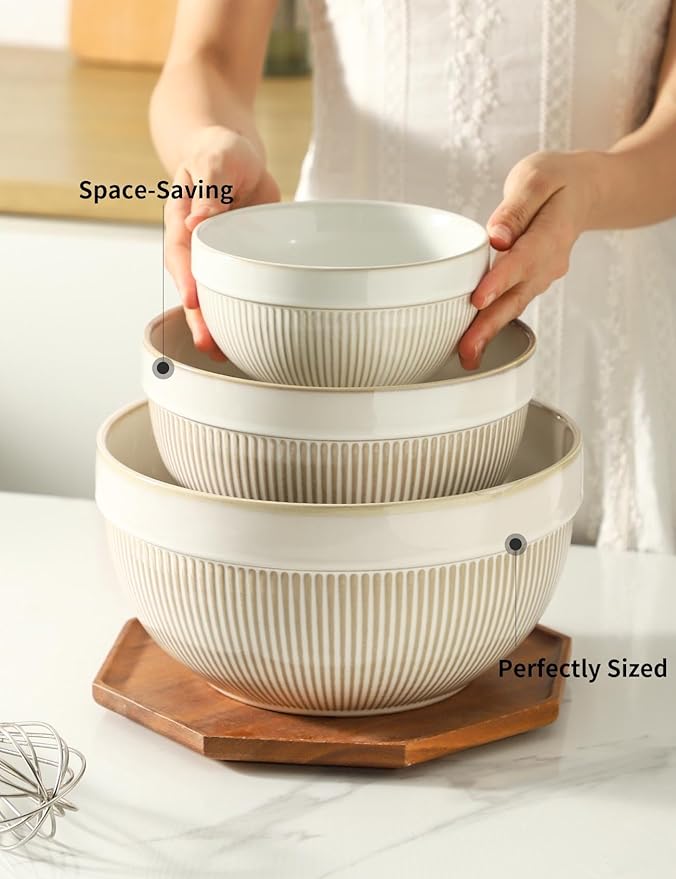 Large Ceramic Mixing Bowls, Glazed White Kitchen Bowl (10"/8"/6"), Set of 3 Nesting Bowls for Baking, Cooking, Serving, Prepping, Dough Kneading, Microwave and Dishwasher Safe