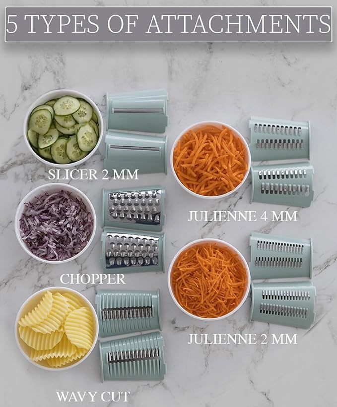 5 in1 Rotary Cheese Grater with Handle, Rotary Grater, Vegetable Slicer, Shredder, Carrot Grater, Nut Grinder, and Chocolate Shaver (Light Green)