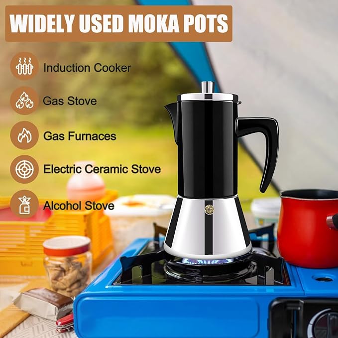 6 Cup Thickened 304 Stainless Steel Moka Pot Stovetop Espresso Maker Cafeteras Italian Percolator Espress Makers Capable Greca Mocha Coffee Machine for Induction Home and Camping 300ml 10oz