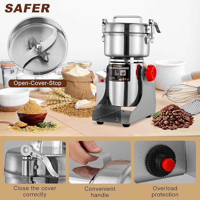 Electric Grain Grinder – High-Speed 800g Stainless Steel Food Mill & Pulverizer for Nuts, Rice, Grains, Herbs & Spices – Flour, Wheat Berry & Nut Crusher for Home & Commercial Kitchens (800g)