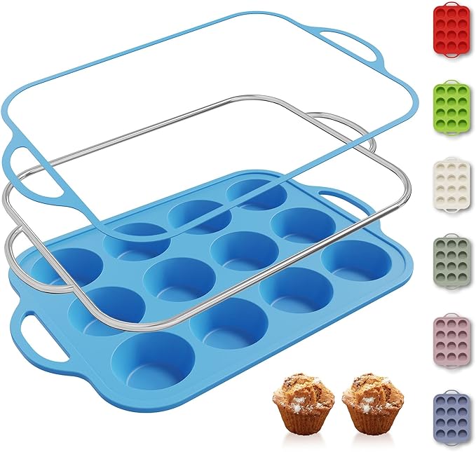 Socisen 12 Cups Silicone Muffin Pan with Metal Reinforced Frame Regular Size Cupcake Pan Tray Egg Bites Silicone Circle Cookie Molds Muffin Tin Tray Tart Pans Kitchen Baking Mold Tools for Cooking