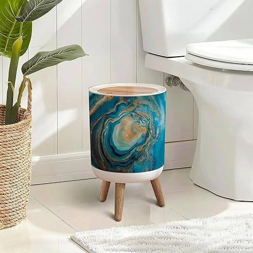 Trash Can with Lid Acrylic Fluid Art Blue turquoise waves gold spots inclusions Abstract Press Top Round Small Garbage Bin with Wooden Legs Waste Basket for Kitchen Bedroom Nursery 7L/1.8 Gallon