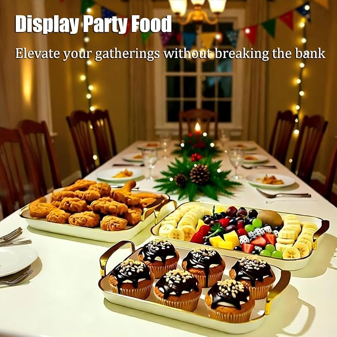 JEESA 3-Pack Serving Tray with Handles, Platters for Serving Food Turkey Cookie Appetizer Snack, Reusable Plastic, Stackable, for Holiday, Party, White