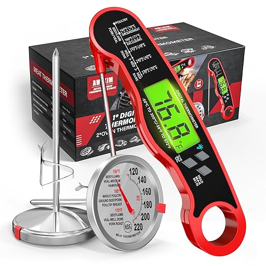 AWLKIM® 3 Pack Meat Thermometer for Cooking - 1 Pack Instant Read Digital Food Thermometer ＆ 2 Pack 2.5-in Extra-Large Dial Stainless Steel Kitchen Oven Meat Thermometers (Safe Leave in Oven)