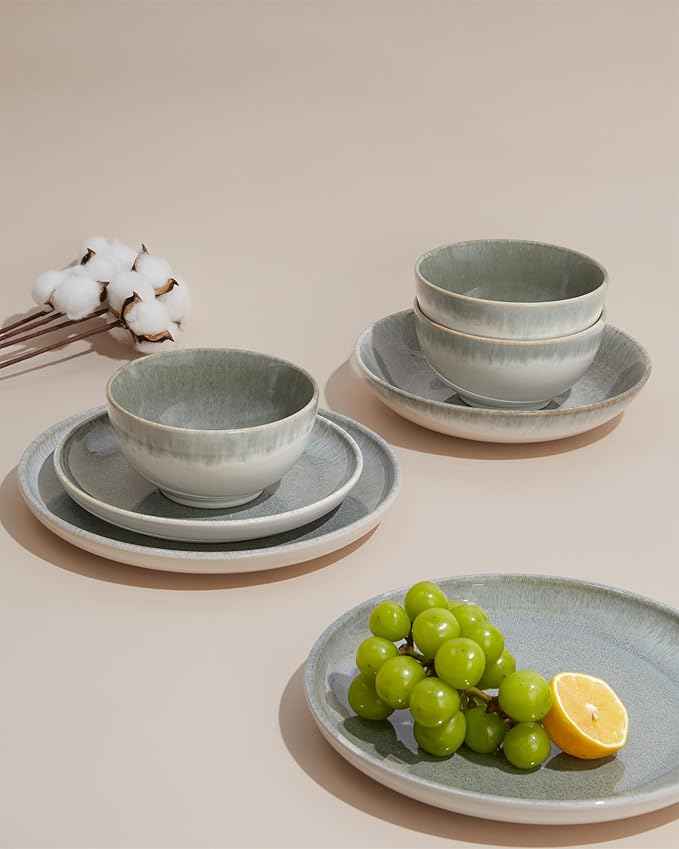 24 Piece Dinnerware Sets for 8, Modern Stoneware Plates and Bowls Sets, Perfect for Family Gatherings & Holiday Celebrations, Easy Cleaning Dishes, Stack Compactly Plate Set, Gradient Green