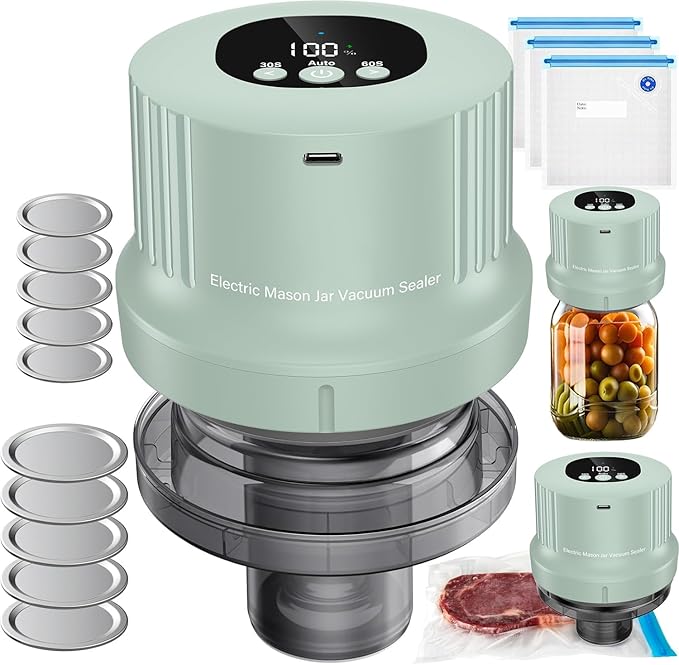 Mason Jar Vacuum Sealer Kit-Full-Automatic-Jar-Sealer-Vacuum-Sealing,3 in 1 Cordless Canning Jar Vacuum sealer with Wide&Regular Mouth Mason Lids/Reusable Vacuum Bags/Food Saver Vacuum Sealer for Jars