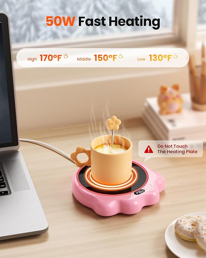 Gaiatop Mug Warmer, 50W Cute Cat Paw Cup Warmers, 3 Temp Settings, 2-10H Auto Shut Off, Coffee Accessories Keep Beverage Hot for Desk and Home, Heated Plate Stocking Stuffers for Tea Candle Pink