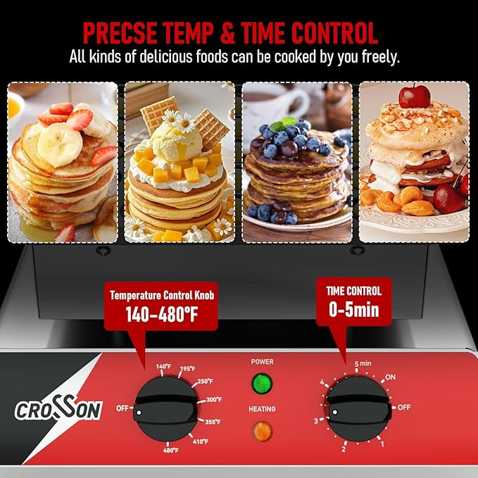 CROSSON Mini Pancake Maker, 25PCS 43mm Diameter Dutch Muffin Waffle Baker, Non-stick Stainless Steel Poffertjes Grill, Commercial Electric Dorayaki Machine W/Temp & Time Control 120V/850W