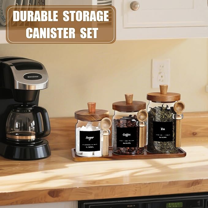 Suclain 3 Pcs Glass Coffee Container with Wooden Lid Spoon Shelf Labels Clear Airtight Jar Food Storage Canister Set for Sugar Spice Coffee Bean Holder Housewarming Gift(13.5,20,25 oz,Acacia Brown)