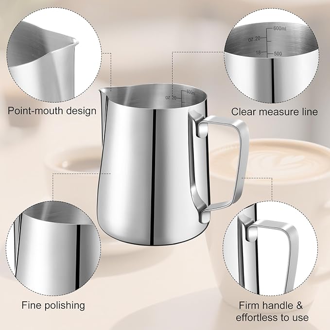 Honeydak 4 Pcs Milk Frothing Pitcher 304 Stainless Steel Steaming Pitchers for Coffee Bar Cappuccino Barista Tools Milk Jug Steamer Frother Cup (20 oz)