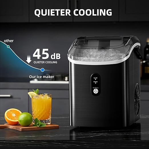 Antarctic Star Nugget Ice Maker Countertop, 34Lbs/24H, Soft Chewable Ice, Self-Cleaning, Portable Ice Machine, Fast Making in 8 Mins, Ice Basket & Scoop, Stainless Steel Black