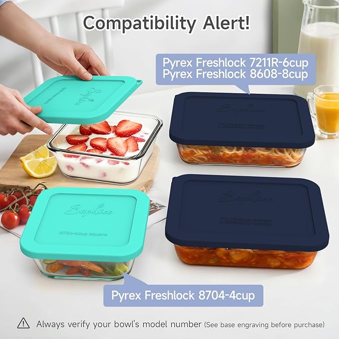 Sophico Silicone Storage Lids Cover Replacement for Pyrex Freshlock SNAPWARE 4CUP(8704), 6/8-Cup Glass Bowls (7211R/8608) Glass Bowls Containers Set, Airtight Lids, 4 Pack
