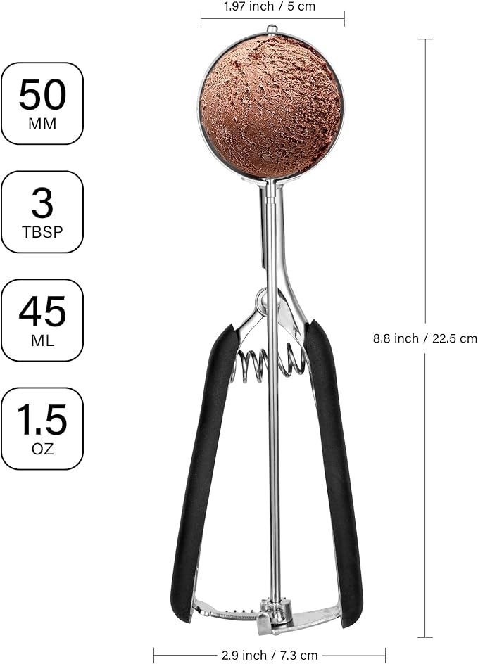 Large Cookie Scoop 3 Tbsp, Professional Stainless Steel Ice Cream Scoop 50mm, Cupcake Scoop Muffin Scoop for Baking, Good Soft Grips, Quick Trigger Release, 45ml (3 Tablespoon)