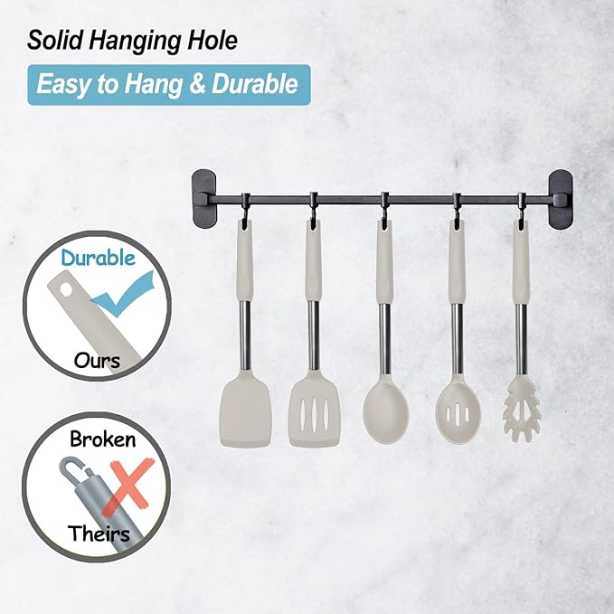 Silicone Spatula and Cooking Spoon,5 Pack Non-Stick Cooking Utensils for Kitchen，Heat Resistant Solid & Slotted Spoons and Spatulas, Stainless Steel Handle Coated with Silicone, Khaki