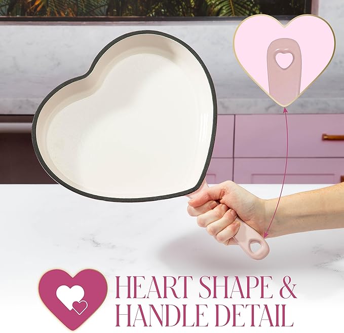Paris Hilton Enameled Cast Iron Heart Skillet Pan, Superior Heat Retention, Oven Safe, Long-Lasting Enamel, 10-Inch, Pink