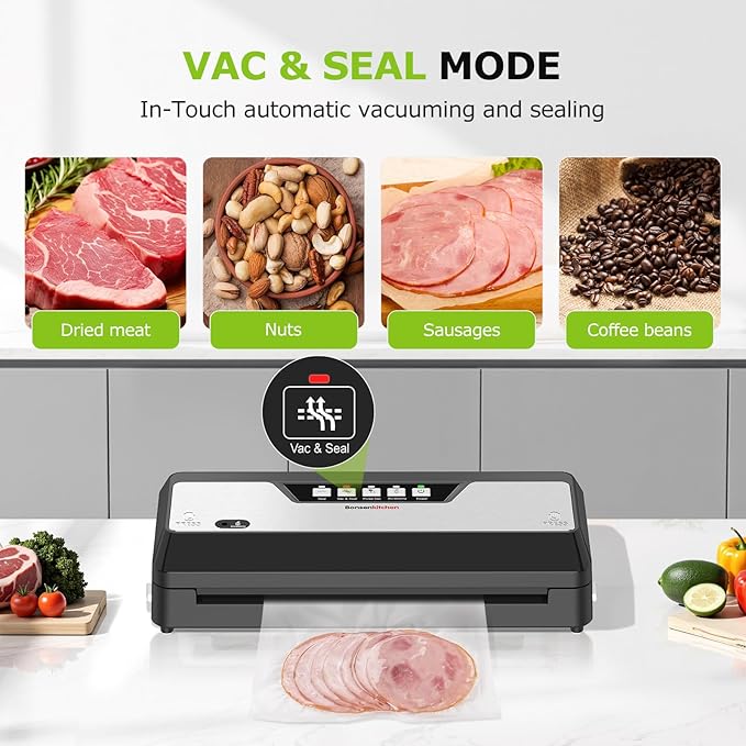 Bonsenkitchen Vacuum Sealer Machine with Built-in Cutter and Bag Storage for Sous Vide and Meal Prep | Compact Food Sealer with Multiple Modes | 1 Roll Bag & 5 Pre-Cut Bags, Black-Stainless Steel