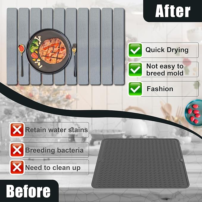 Large Stone Dish Drying Mat for Kitchen Counter, 24"×16" Quick Dry Collapsible Diatomaceous Earth Mat – Super Absorbent Foldable Drying Pad for Dishes (Light Gray, 23.2" x 15.4")