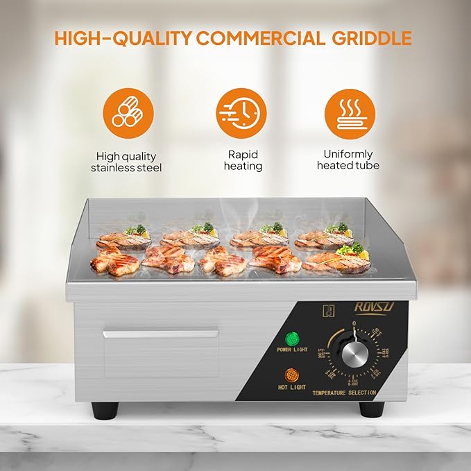 Bonnlo 14 Inch 1500W Commercial Griddle with Stainless Steel Countertop, Flat Griddle, 122-572℉ Adjustable Temp Control of Electric Flat Top Grill for Cheese 、Steak and Egg Indoor and Restaurant
