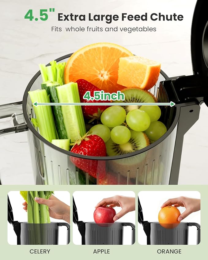 Kismile Cold Press Juicer Machine with Touch Control & 3 Modes, 4.5” Wide Feed Chute Slow Juicer for Whole Fruits & Vegetables, Stainless Steel Juicer Press, Easy to Clean, High Juice Yield for Home