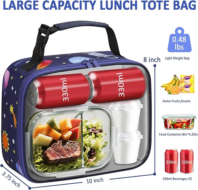 Lunch Box Kids Insulated Lunch Bag for Boys Girls Cute Reusable Lunch Tote Bag Waterproof Portable Thermal Lunch Box Kids for School Picnic Travel Blue Space
