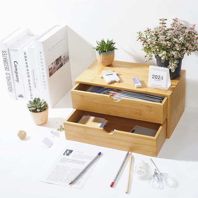 Charmewooden Bamboo Desk Organizer with Drawers, Countertop Organizer with Drawers Makeup Storage Drawer 2 Drawers Tabletop Storage Organization Box Home Office Workspace Bathroom Toiletries Supplies