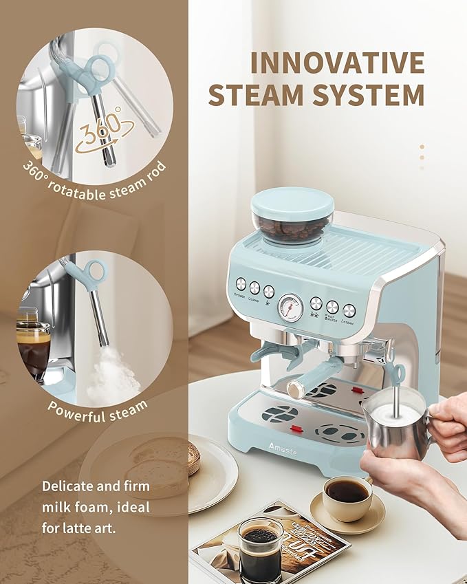 Amaste Espresso Machine with Grinder, 15 Bar Espresso Machine with Steam Wand for Latte and Cappuccino, 68Oz Water Tank, Pre-Infuse Brewing, Espresso Coffee Maker for Home Use, Barista Kit, Blue