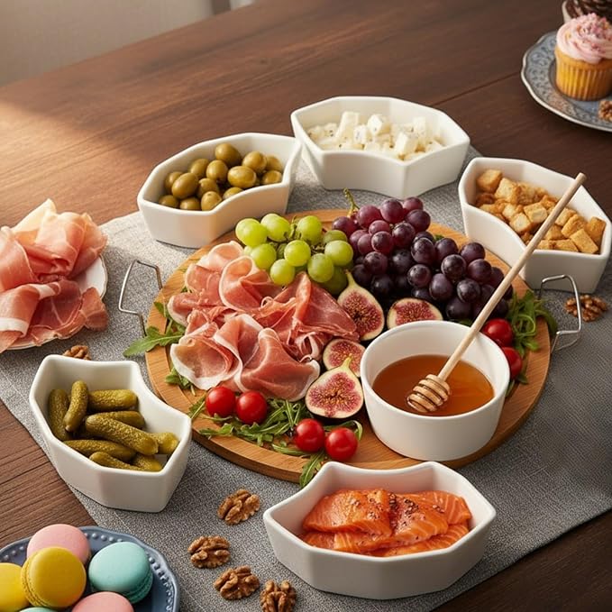 ZENFUN Chip and Dip Serving Set, 11'' Divided Serving Platters Tray for Party, 6-Compartment Removable Appetizer Snack Dishes, Round Sectional Serving Platter for Fruits, Condiment