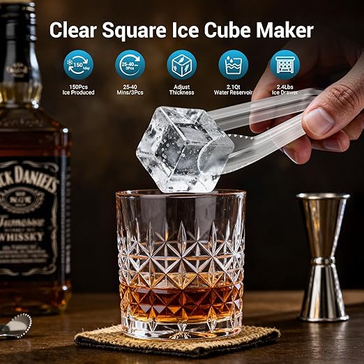 Crystal Clear Ice Cube Maker Countertop, 1.6" Large Square Ice Cube, 3Pcs Rapid in 25Mins, 150Pcs/Day, 24H Timer, Self-Cleaning Ice Maker with Adjust Ice Cube Size for Cocktails, Whiskey & Bourbon