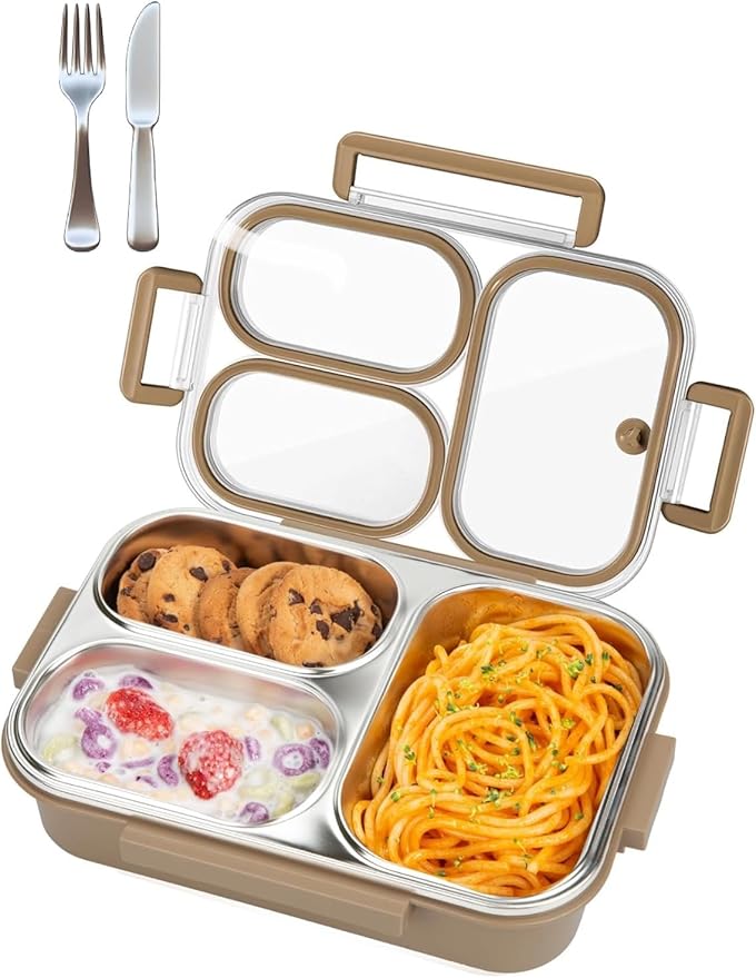 Stainless Steel Lunch Box, 3 Compartments Bento Box Leakproof Lunch Box,Quality,Airtight,Dishwasher Safe, BPA-Free.