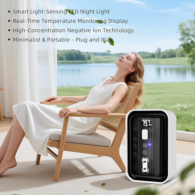 Plug-In Air Ionizers & Ionic Air Purifier,Negative Ion Generator, with Temperature Display,Ozone Free Filterless Odor Eliminator, Pet & Litter Box Deodorizer, Quiet Bedroom/Kitchen/Bathroom Freshener