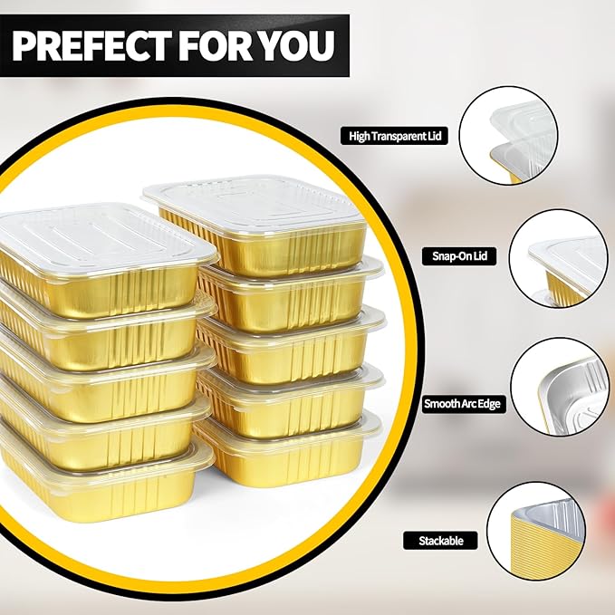 20 Pack 11"×8"×2" Gold Aluminum Foil Pans with Lids Heavy Duty, 5 LB Foil Food Containers with Lids, Disposable Tin Foil Pans for Baking, Meal Prep, Freezer, Heating and Takeout