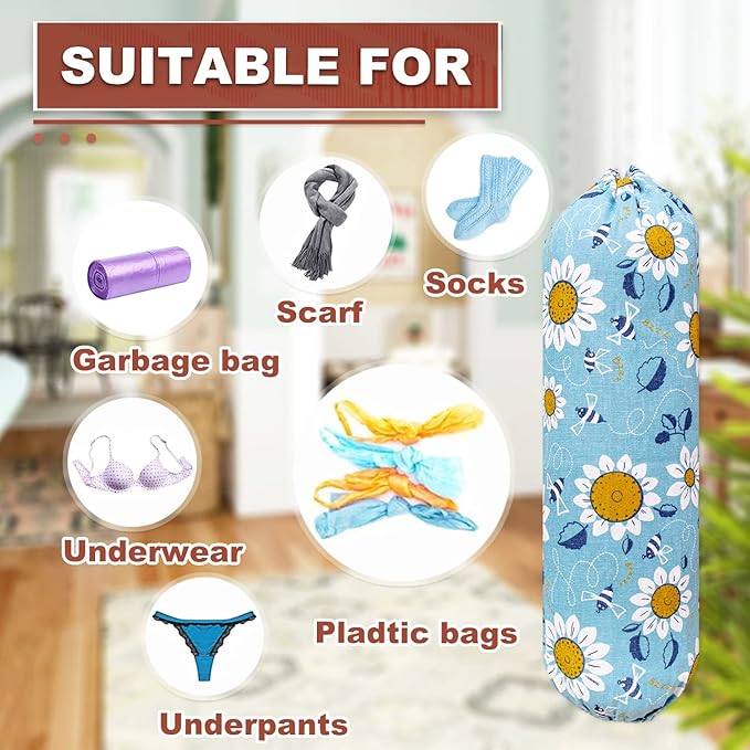 Plastic Bag Holder, Wall Mount Plastic Bag Organizer, Washable Large Grocery Bag Storage Dispenser, Shopping Bags Carrier for Home Kitchen Travelling, Free Adjustment with Drawstring, Sunflower,22x9"