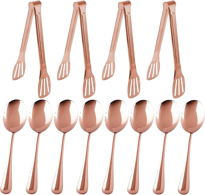 12PCS Stainless Steel Serving Utensils Sets,8 Large Serving Spoons,4 Serving Tongs,Rose Gold Serving Utensills Sets for Buffet Catering Banquet Party (Rose Gold)