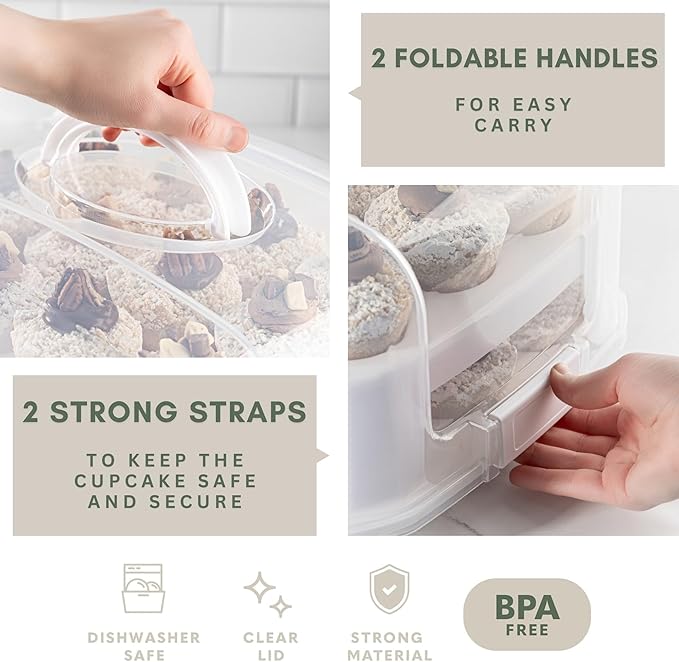 MosJos EXTRA TALL DOME Cupcake Carrier, White Cupcake Holder Carries 24 Cupcake Storage Container, Muffin Traveler Two Tier Stand Reusable Cupcake Box