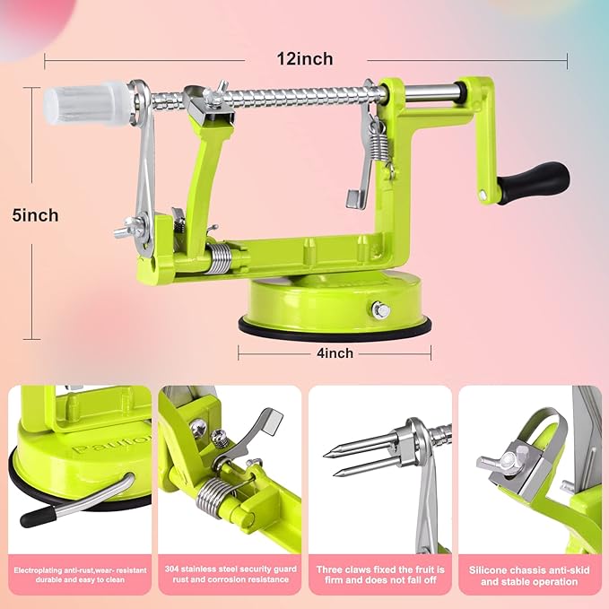 Apple Peeler, Slicer Corer Potato Peelers 3 In 1, Stainless Steel Heavy Duty with Suction Cup Base And 3 Extra Blades (Green)