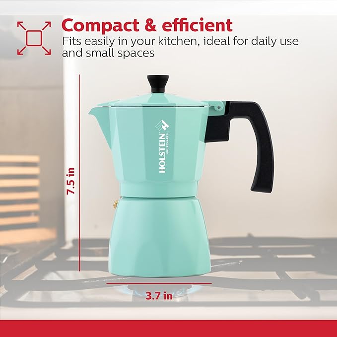 Holstein Housewares - 6 Cup Aluminum Stovetop Espresso Maker and Moka Pot - Great Tasting Traditional Espresso Coffee, Italian and Cuban Café Brewing in Minutes, Mint